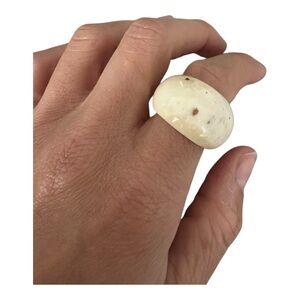 Chunky Cream Speckled Ceramic Dome Ring - Artisan Statement Ring